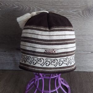 SWIX Fleece Lined Beanie Hat with Tassel Knit Wool Blend Brown Striped Winter